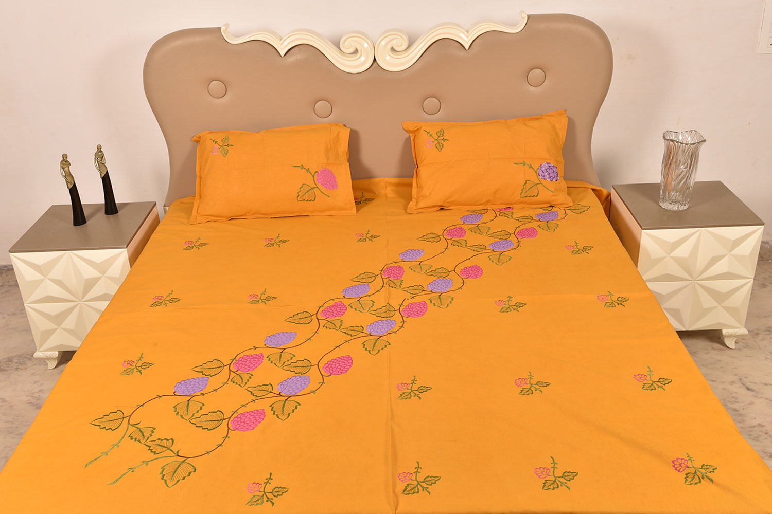Orange Handmade Bed Sheet Linen with Pink & Purple Floral Design Beautiful Decorative Stylish