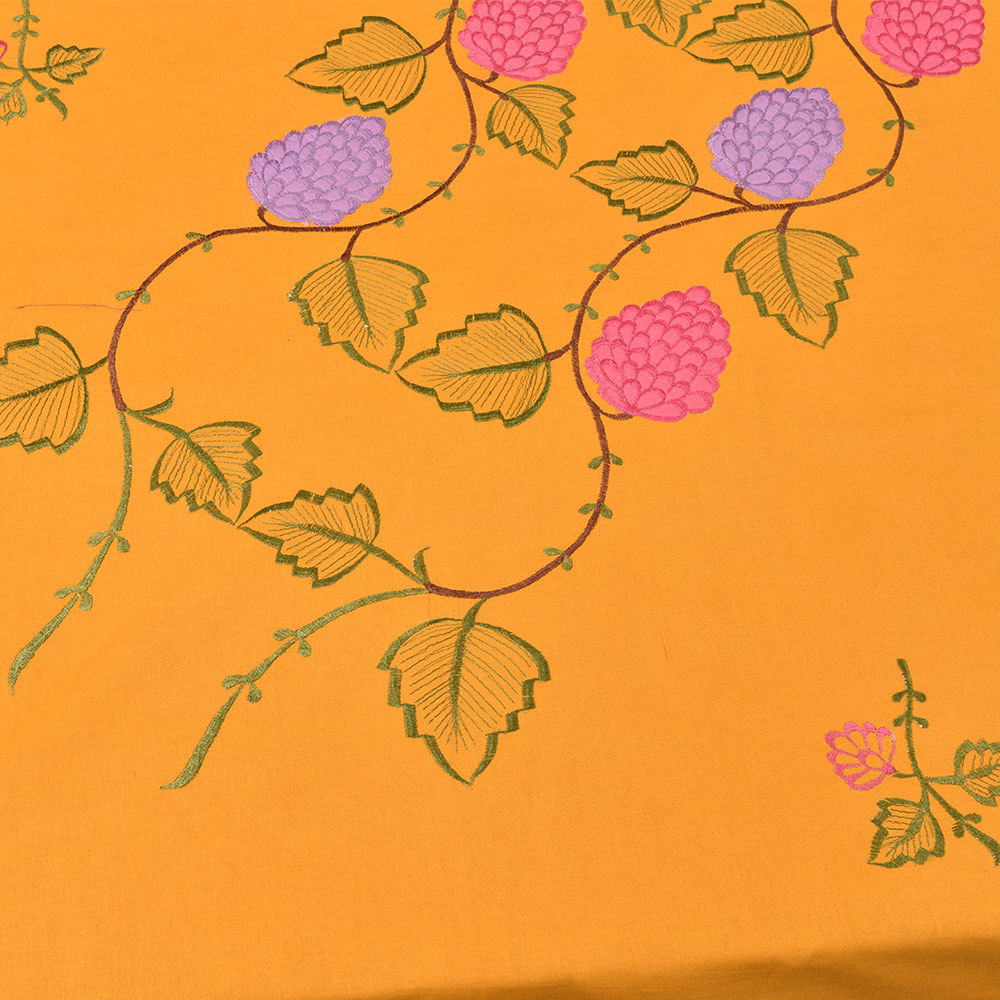 Orange Handmade Bed Sheet Linen with Pink & Purple Floral Design Beautiful Decorative Stylish