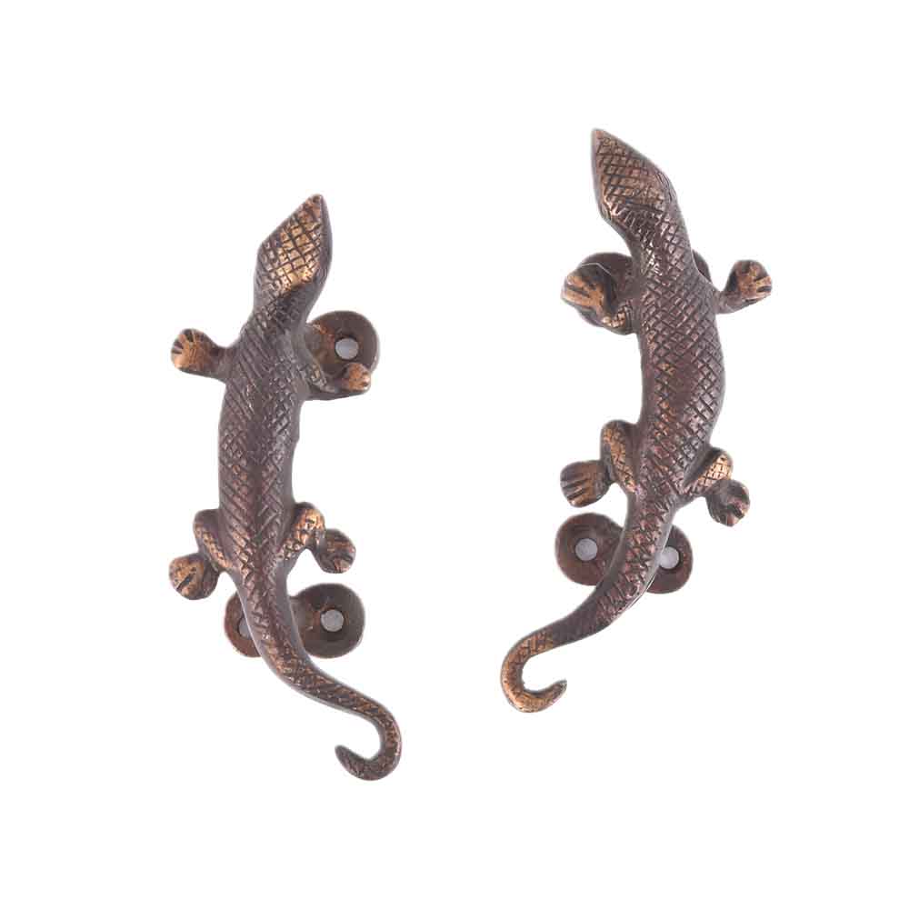 Set of 2 Lizard Figure Black Pair Bronze Door Handle