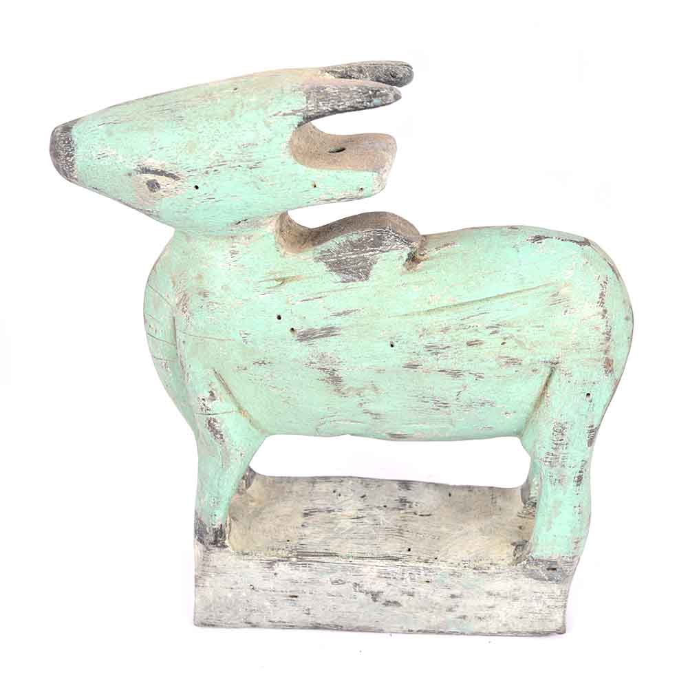 Sea Green Roughly Painted Wooden Cow