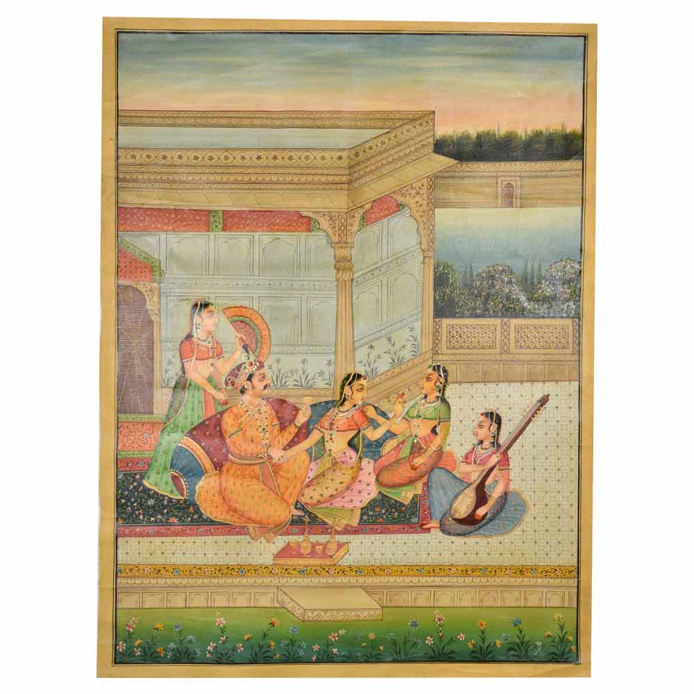 Painting depicting regal entertainment of the emperor with the women of their court 47.5 X 35.5