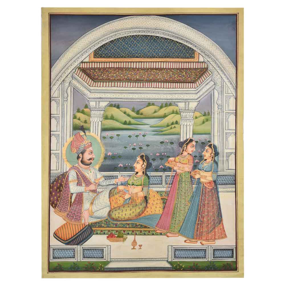 Mughal period Indian Moghul harem water colour painting 47.5 X 35.5