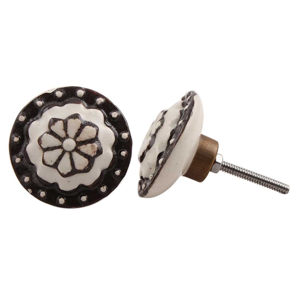 White Floral Black Circle Knob