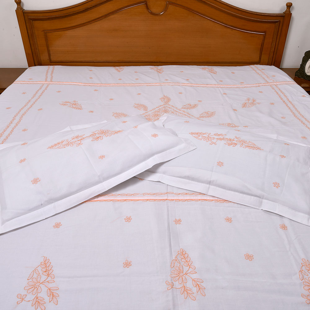 White & Peach Embroidered Bedsheet