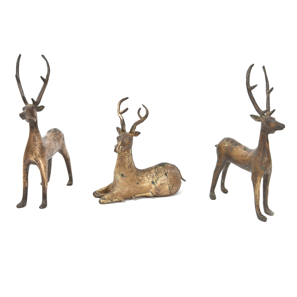 Three Cast Bronze Deer Sculptures