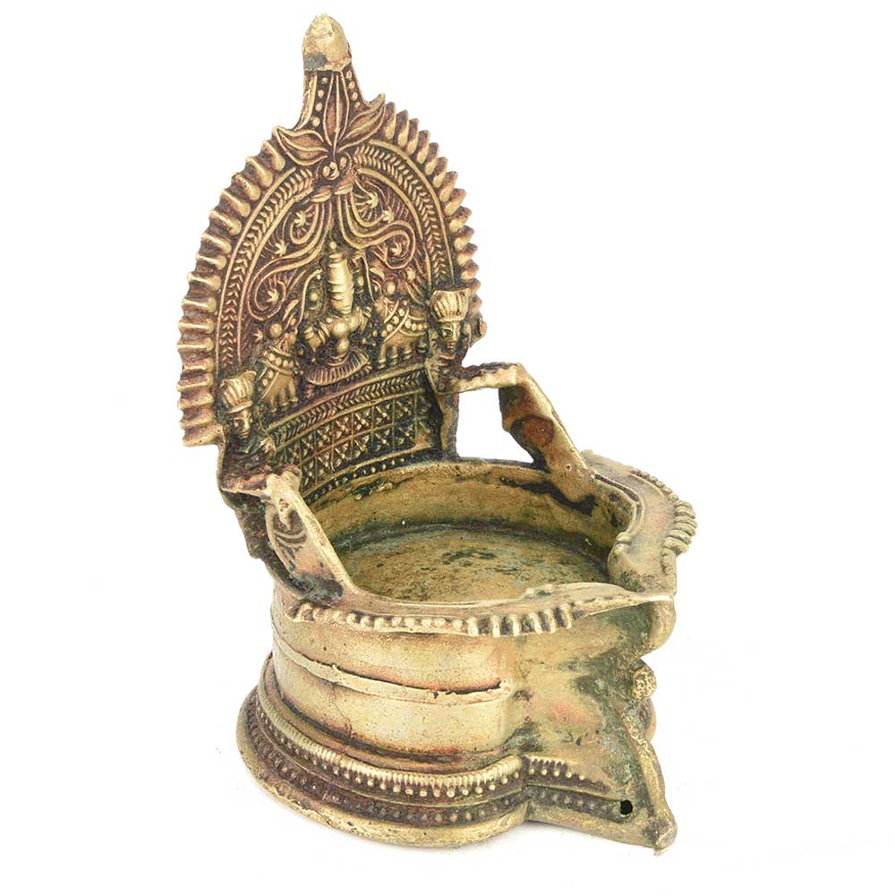 Vintage Goddess Lakshmi Egraved Brass Temple Kamakshi Oil Lamp Diya