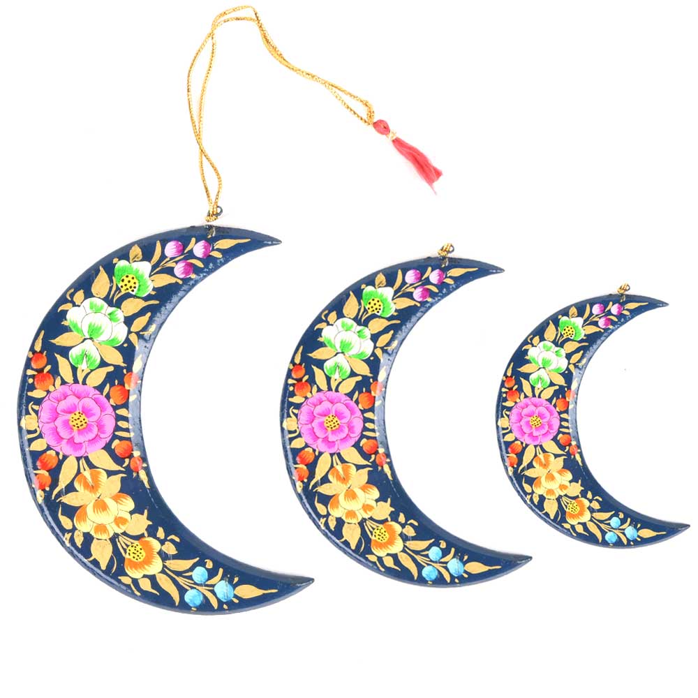 Handmade And Hand-Painted Moon Set Of 3 Paper Mache Christmas Tree Ornaments