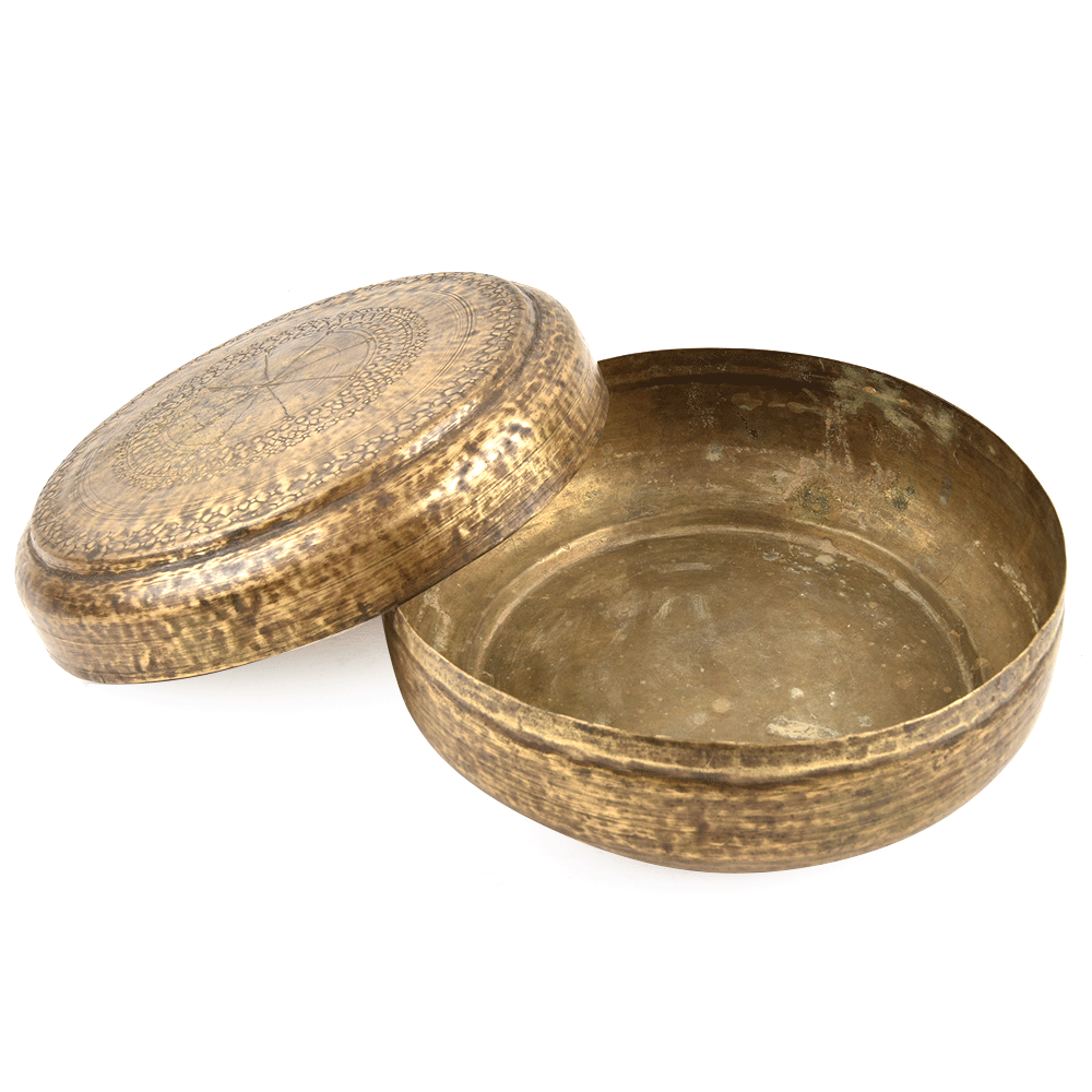 Old Used Round Brass Hand Carved Indian Collectible Storage Box