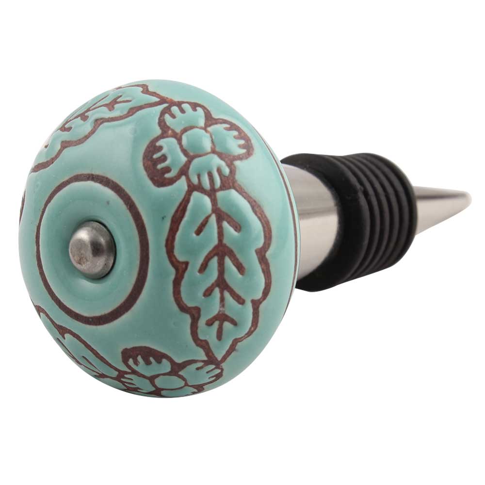 Sea Green Brown Leaf Flower Etched Ceramic Wine Stopper