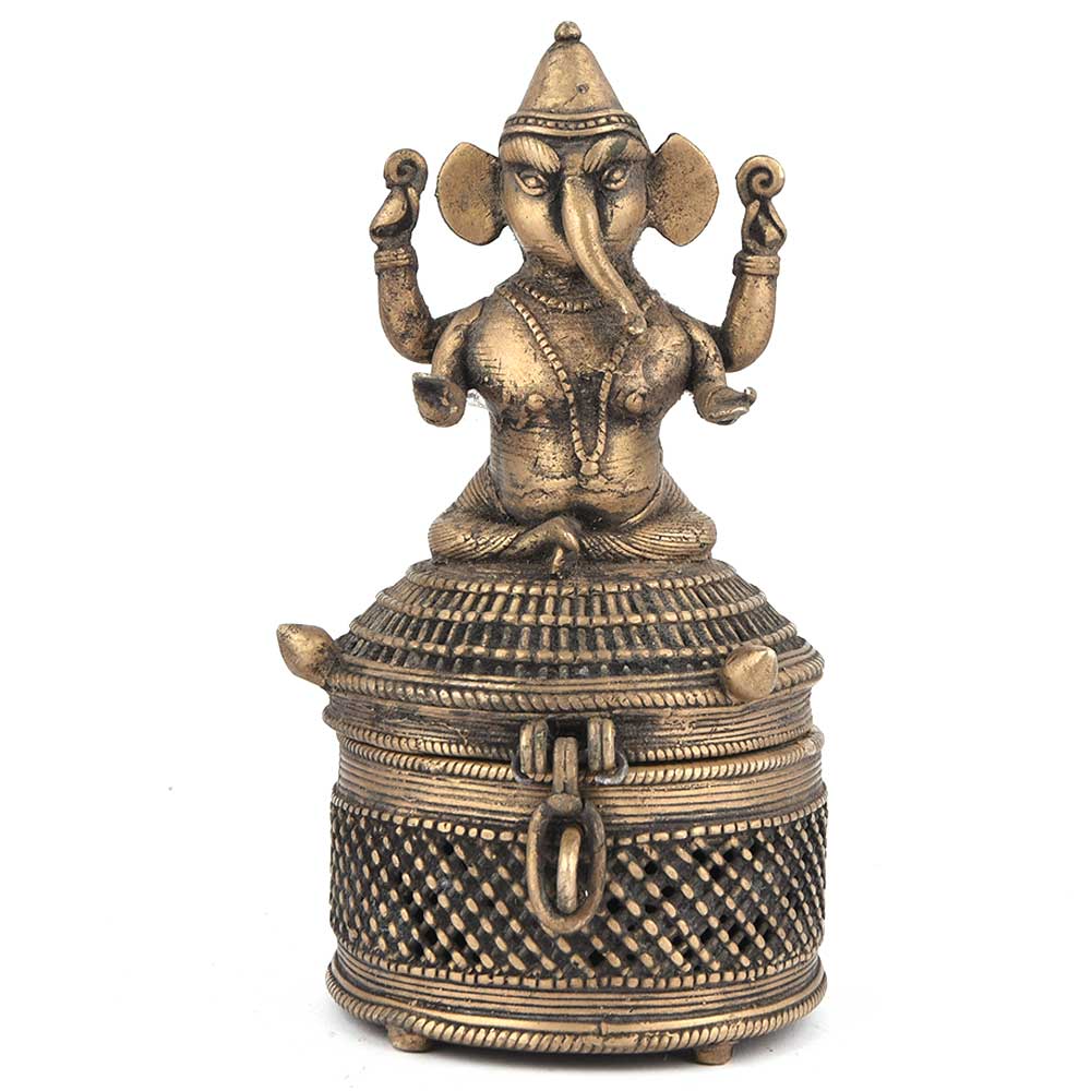 Round Tribal Ganesh Brass Box