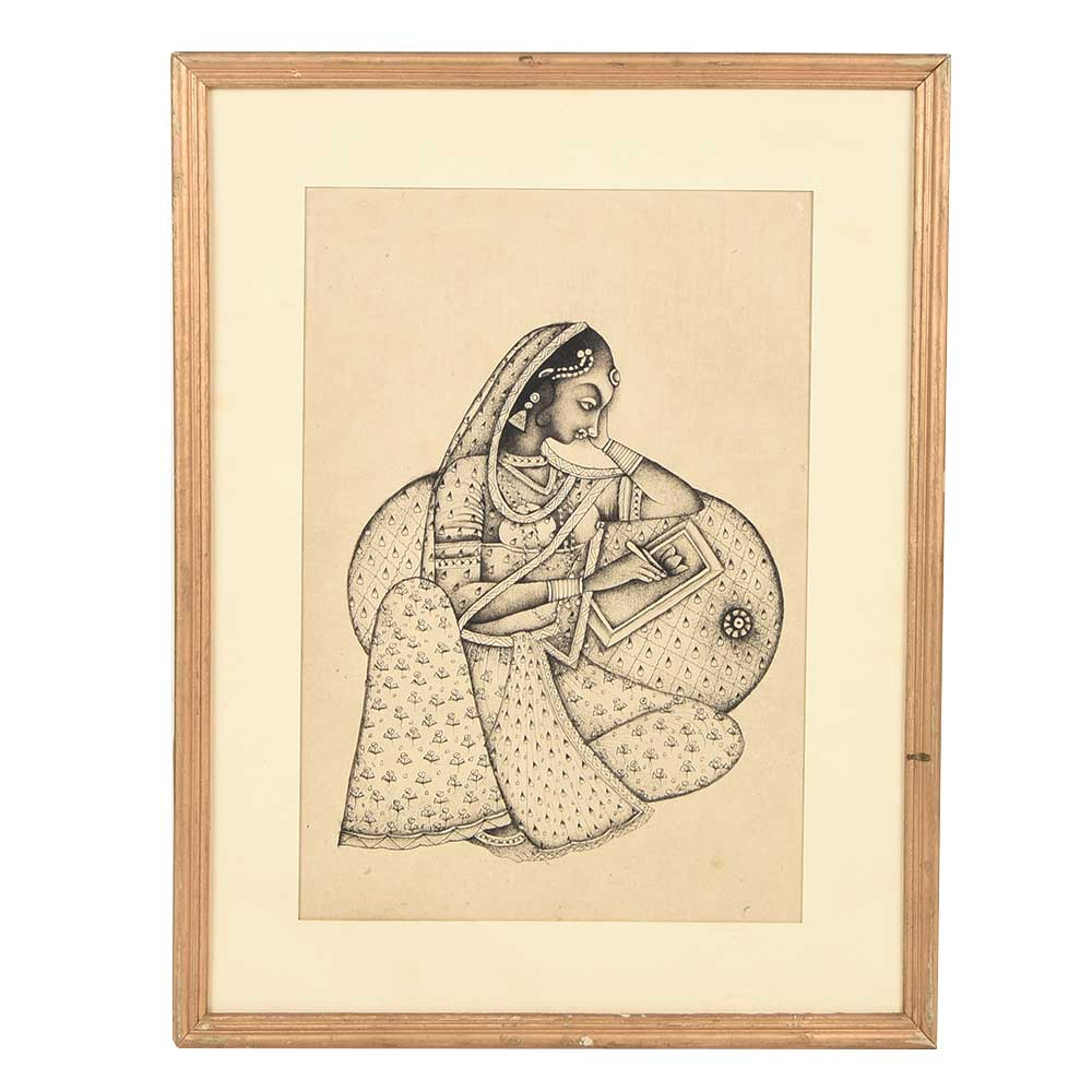 Hand painted Painting Of Lady Drawing A Flower 15