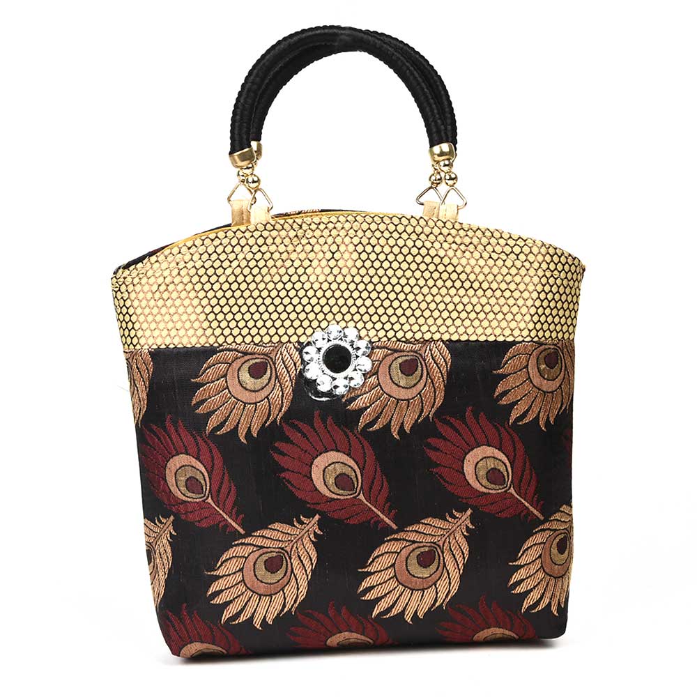 Black Hand Bag - Peacock Feather with Zari