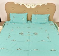 Blue Handmade Double Bed Sheet Linen with Floral Design Beautiful Decorative Stylish