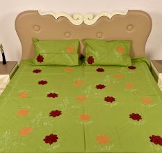 Green Handmade Bed Sheet Linen with Red & Orange Floral Design Beautiful Decorative Stylish