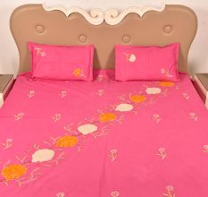Pink Handmade Bed Sheet Linen with Yellow & White Floral Design Beautiful Decorative Stylish