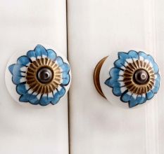 White Turquoise Floral Painted Knob