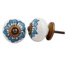 White Turquoise Floral Painted Knob