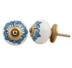 White Turquoise Floral Painted Knob