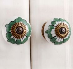 White Green Painted Floral Knob