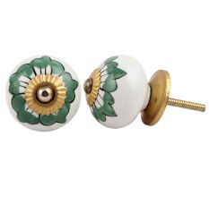 White Green Painted Floral Knob