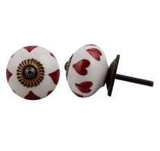 White Red Hearts Ceramic Knob