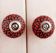 Red Black Etched Floral Knob