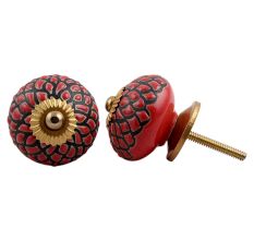 Red Black Etched Floral Knob