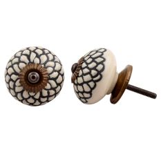 Cream Black Etched Floral Knob