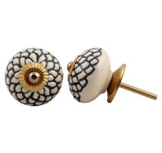 Cream Black Etched Floral Knob