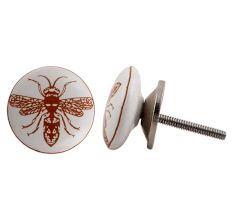 White Brown Bee Flat Ceramic Knob