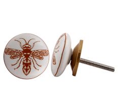 White Brown Bee Flat Ceramic Knob