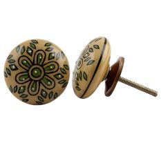 Beige Green Floral Ceramic Knob