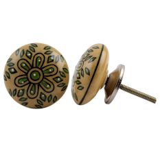 Beige Green Floral Ceramic Knob
