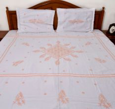 White & Peach Embroidered Bedsheet