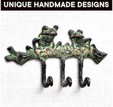 Two Bronze Patina Green Frogs Hooks
