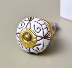 White Base Brown Etched Ceramic Floral Knob