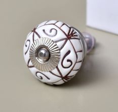 White Base Brown Etched Ceramic Floral Knob