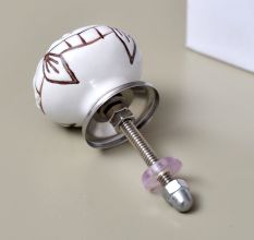 White Base Brown Etched Ceramic Floral Knob