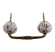 White Base Brown Etched Ceramic Floral Bridge Handle