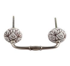 White Base Brown Etched Ceramic Floral Bridge Handle