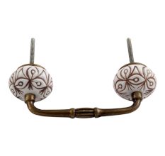 White Base Brown Etched Ceramic Floral Bridge Handle