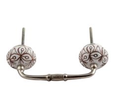 White Base Brown Etched Ceramic Floral Bridge Handle