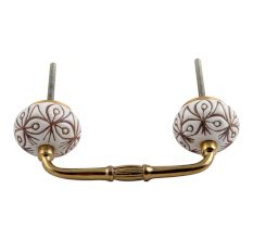White Base Brown Etched Ceramic Floral Bridge Handle