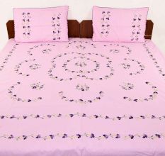 Light Pink Purple Petals Green Leaves Embroidered On Bedsheet