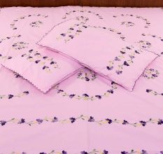 Light Pink Purple Petals Green Leaves Embroidered On Bedsheet