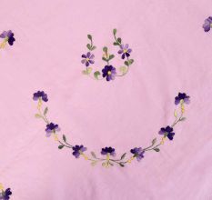 Light Pink Purple Petals Green Leaves Embroidered On Bedsheet