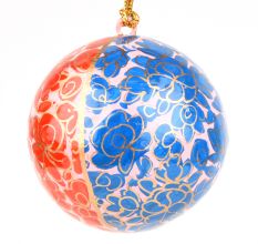 Hand Painted Blue Orange Floral Paper Mache Ball Christmas Ornaments