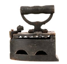 Vintage Coal-Fired Iron with Wood Shapely Handle and Cast Iron Body
