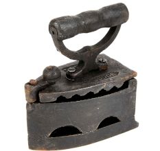 Vintage Coal-Fired Iron with Wood Shapely Handle and Cast Iron Body