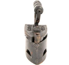 Vintage Coal-Fired Iron with Wood Shapely Handle and Cast Iron Body